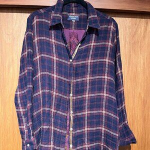 Johnny Was plaid shirt with velvet & embroidered back, size Large